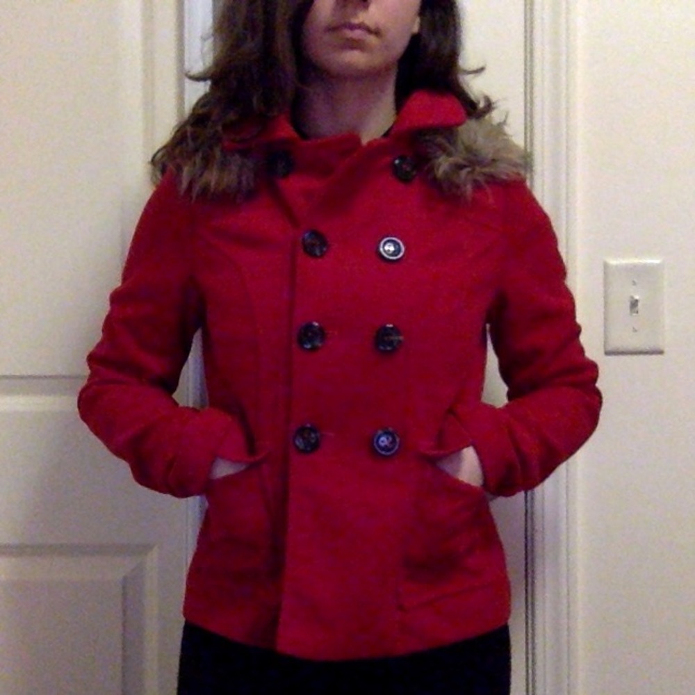 Red Peacoat w/ Fur Hood
